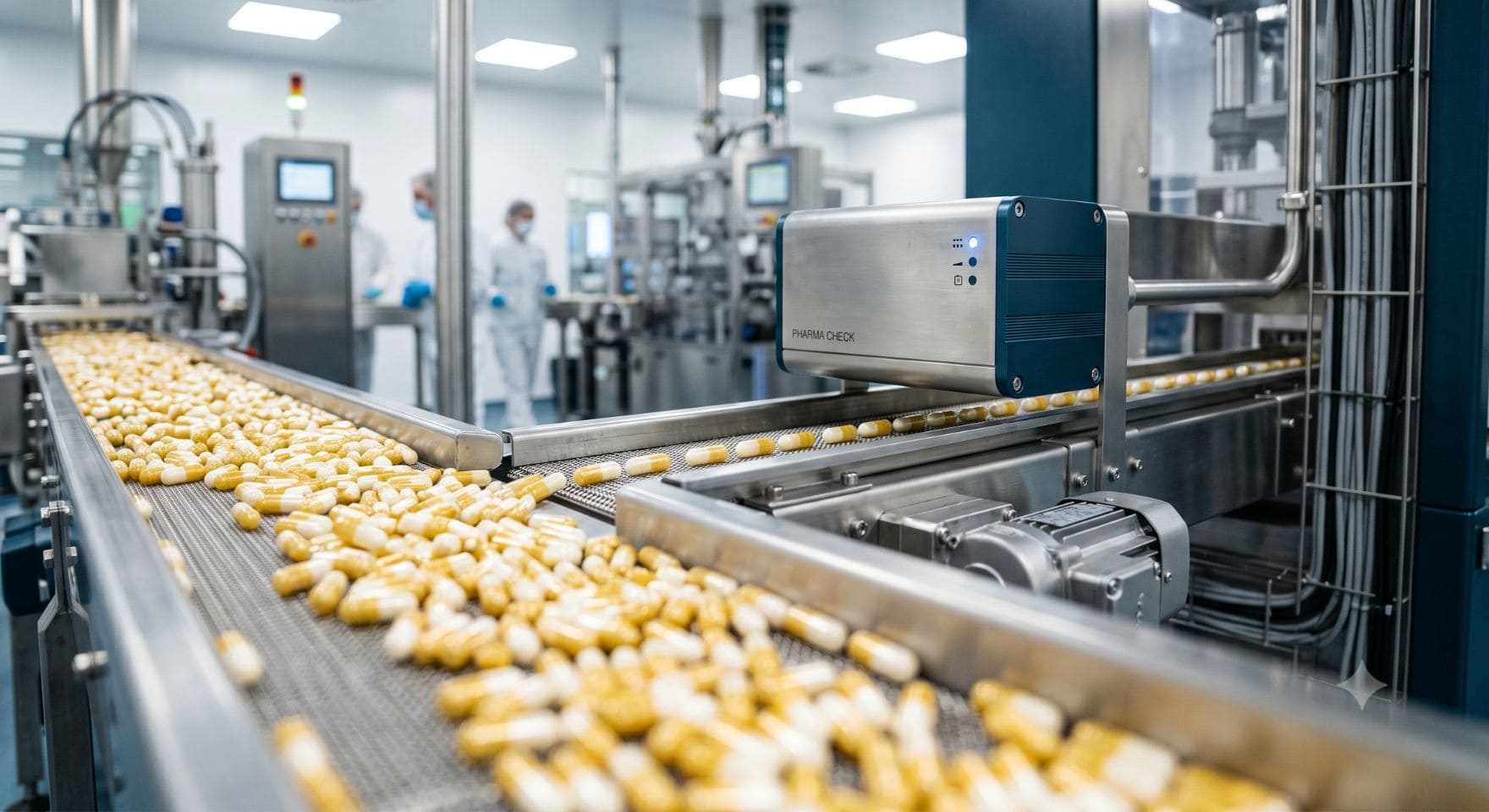 Kapazitive 100%-Gewichtskontrolle von Kapseln in der Pharmaproduktion – Inline-Sensor auf dem Transportband
